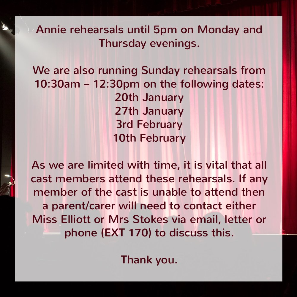 MiltoncrossAcad's tweet photo. Please remember rehearsals for "Annie" will be until 5pm after school on Mondays and Thursdays, with additional rehearsals on Sundays.

Any questions, please contact Miss Elliot or Mrs Stokes.

@MX_DRAMA https://t.co/jDGaSweBHH
