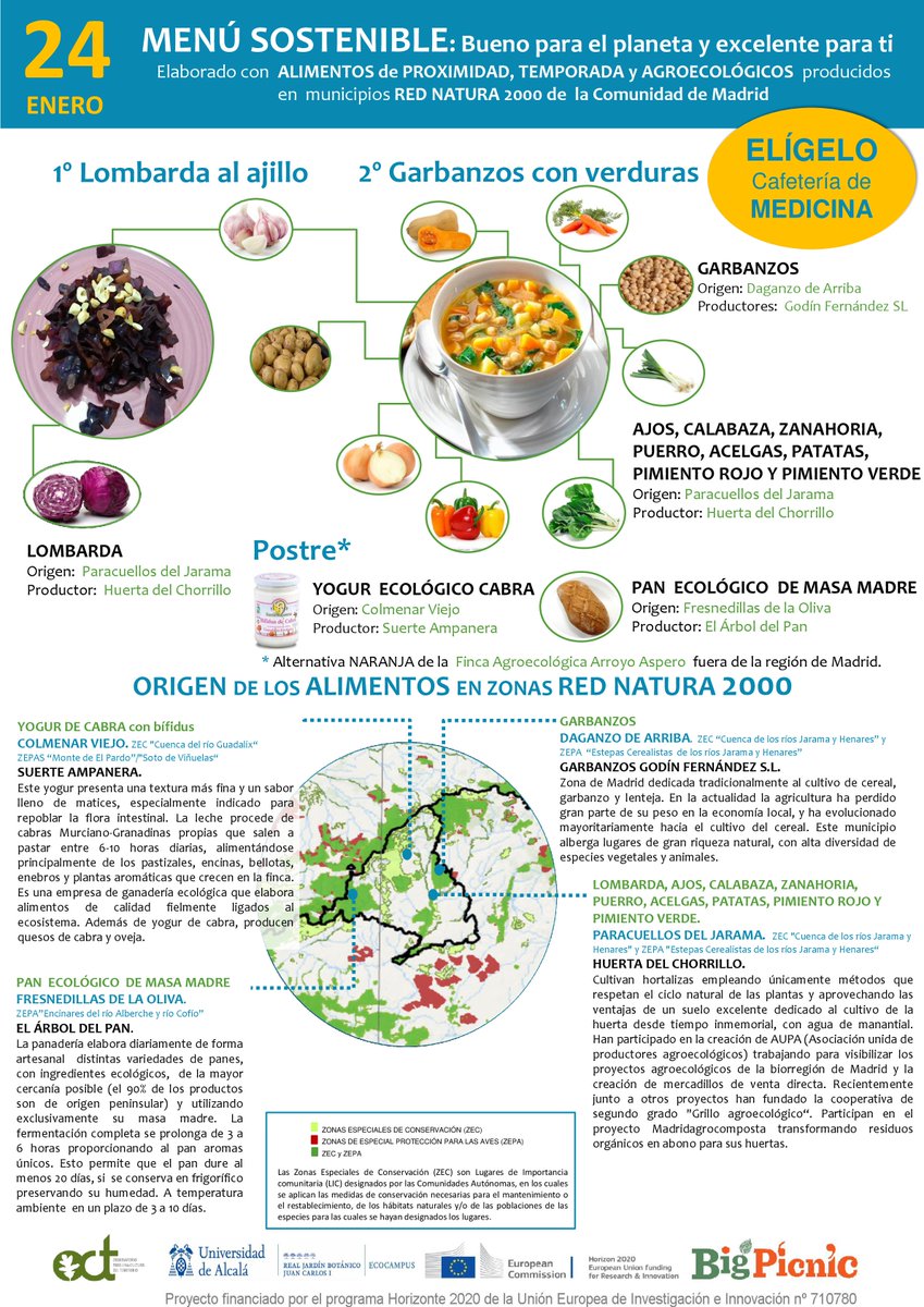 Este jueves 24 de enero en el comedor de la cafetería de Medicina de la UAH se ofrecerá una opción de menú a base de alimentos procedentes de la Red Natura 2000 de la Comunidad de Madrid. El menú estará disponible a los precios habituales hasta agotar existencias. Big Picnic.