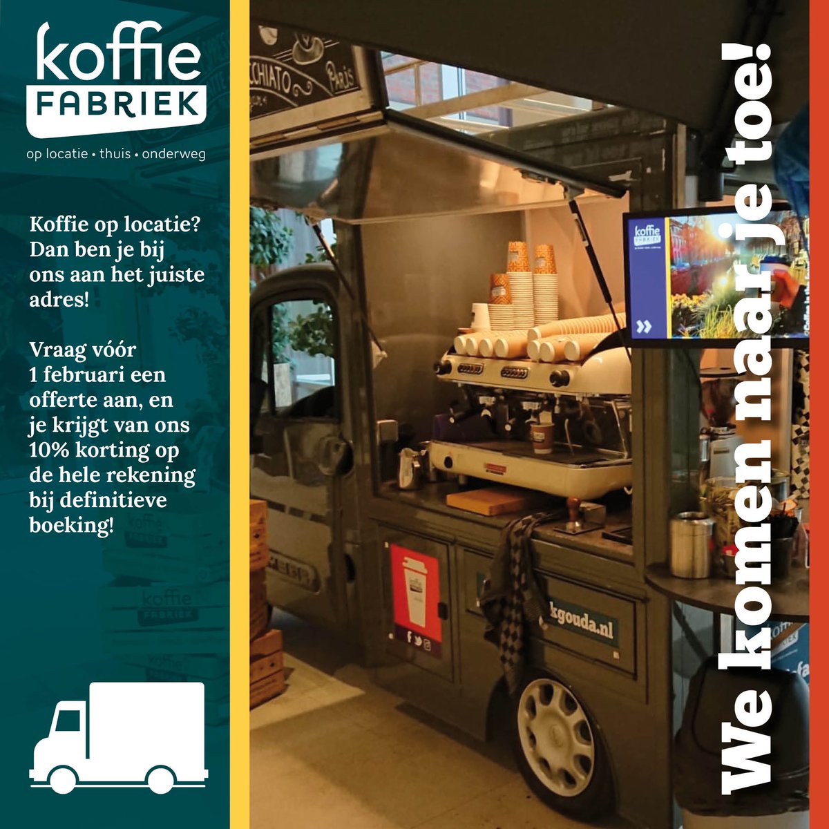 We komen naar je toe!
Organiseer je een bedrijfsfeest, gaan jullie trouwen, of heb je iets anders te vieren, dan mag een goede kop koffie natuurlijk niet ontbreken!

Vraag vóór 1 februari een offerte aan  voor <a href="/koffiefabriek/">Koffiefabriek</a> op locatie en je krijgt van ons 10% korting!