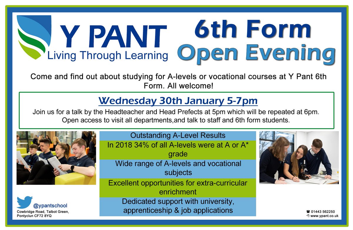 6th Form Open Evening - Wednesday 30th January 5-7pm. All year 11 students, whether currently at Y Pant or any other school, and their parents/carers welcome!
