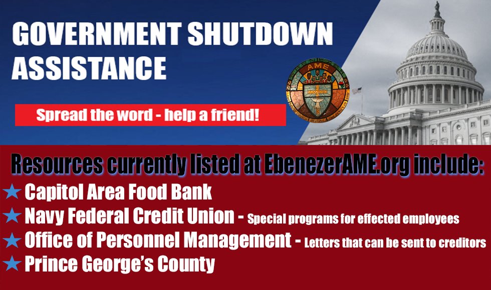 EbenezerAME's tweet photo. We have resources available for those affected by the #GovernmentShutDown. We are a family church serving the family of God. Help those affected by making a donation today!
RESOURCES: https://t.co/8WIwdCZwxx
DONATE: https://t.co/W6NEkYwL6K
#ShutDownRelief #MyEbenezer https://t.co/MK6BTm1D1U