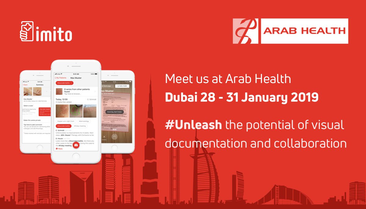 imito_ag's tweet photo. Meet @PaminaVictoria and @iSulzi at #arabhealth in #dubai from 28th to 31st January. Contact us if you want to learn more about our app-based clinical documentation and collaboration #imitoCam and #imitoScan for hospitals and beyond #arabhealth2019 #digitalhealth #imitorocks https://t.co/cTi22fDcU5