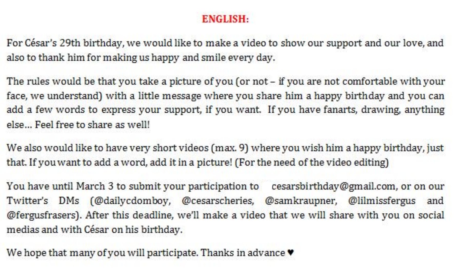 Daily Cesar Domboy Announcement My Dear Cesarscheries And Myself Have Planned To Do A Little Project For Cesar S 29th Birthday March 10 And It Would Be Awesome If You Daily Cesar Domboy Announcement My Dear Cesarscheries And Myself Have Planned To Do A Little Project For Cesar S 29th Birthday March 10 And It Would Be Awesome If You