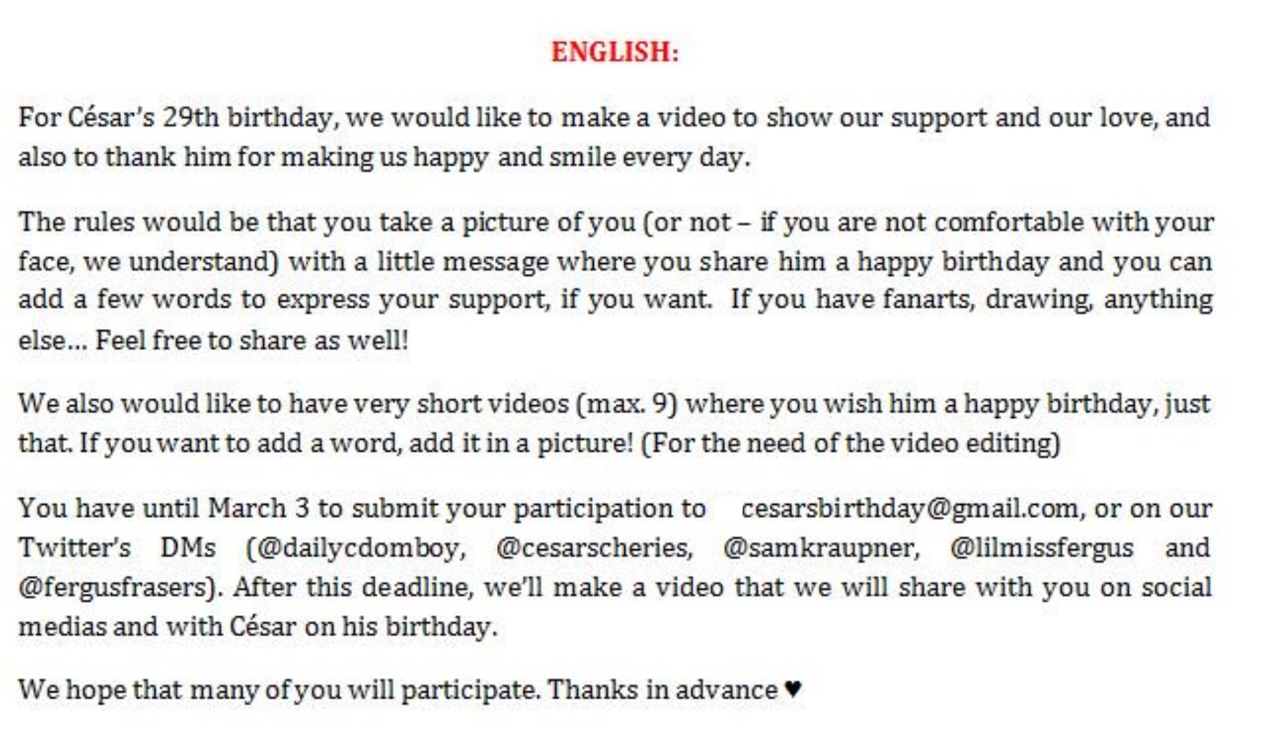 Daily Cesar Domboy Announcement My Dear Cesarscheries And Myself Have Planned To Do A Little Project For Cesar S 29th Birthday March 10 And It Would Be Awesome If You