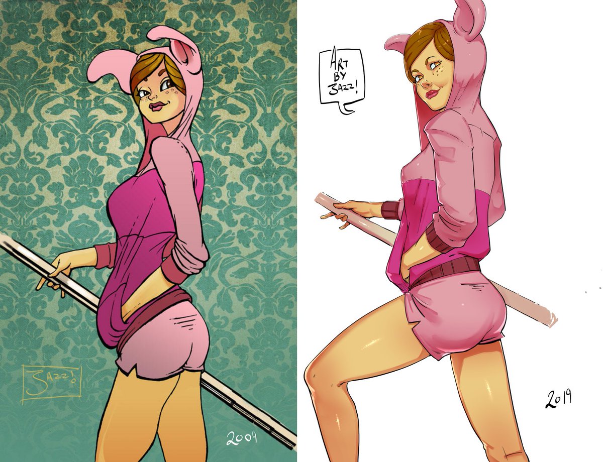 artbyjazz's tweet photo. I don't have selfies to compare but I do have my drawings. I think I have improved a little in 10 year.  #2009vs2019 #piglet #drawing https://t.co/6geDVqLBWn