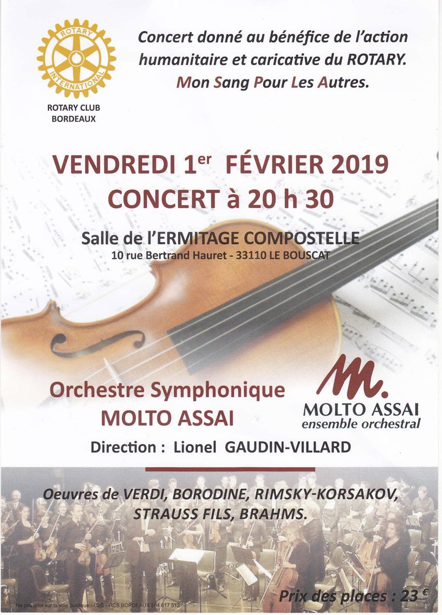 RotaryBDX's tweet photo. Pour son concert en faveur de Mon Sang Pour Les Autres ( https://t.co/4hXWVJl0pd @mspla33 ), le Rotary Club Bordeaux serait ravi d’inviter également des sociétés comme mécènes de cette action-phare.
Informations et billets au secrétariat du club +33 5 56 96 47 61 https://t.co/Nk0cgfucMd