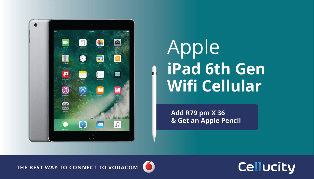Cellucity's tweet photo. Fancy THIS! Get the iPad 6th Gen Wifi/Cellular for R349 pm x 36 and you'll receive 2GB of data pm! Add R79 pm x 36 to get an Apple pencil! 
View more information here > https://t.co/hXVHCMYUs1

 #AppleSA #iPad @Cellucity https://t.co/Ml5UBqqnW3