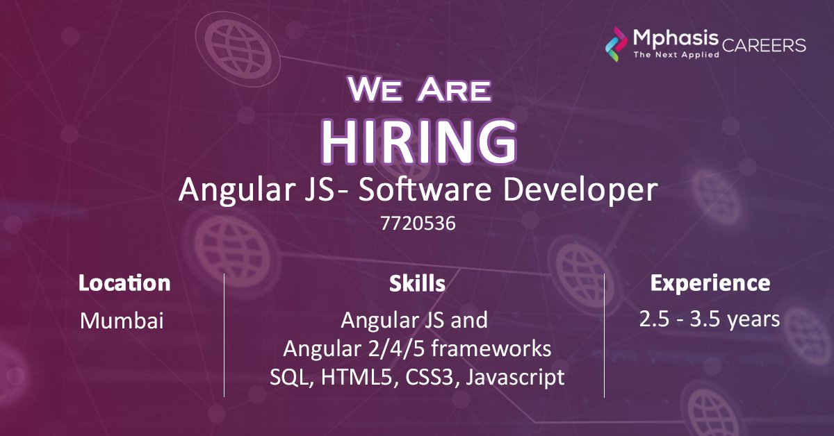 MphasisCareers's tweet photo. Mphasis is looking for software developer having good experience in Java & Spring with knowledge in database concepts.
Apply the next to #StayAhead - https://t.co/5gFhBFPrVi
#ITCareerAtMphasis #MphasisCareers #Mphasis #Angularjs #Spring #Java #Hiring #Recruitment #JoinMphasis https://t.co/HT07G4Cn3h