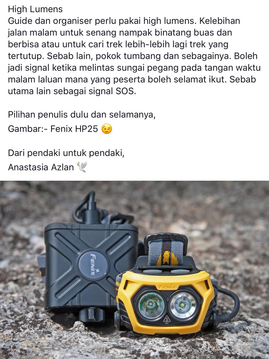 💡Headlamp | High Lumens

🔗Sharing knowledge

Benda remeh yang selalu tak dipandang serius. Penglihatan dan keselamatan pada waktu malam.

Boleh share atau retweet pada yang lain. 👌

Dari pendaki untuk pendaki,
@anastasiaazlan 🕊