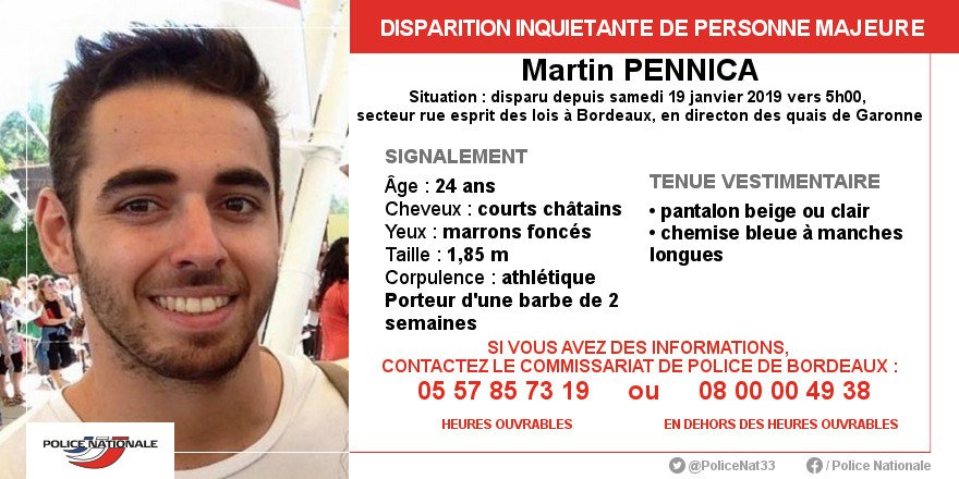 PoliceNat33's tweet photo. Suite à la disparition inquiétante de Martin Pennica, sa famille et les enquêteurs comptent sur vos RT. Merci à vous. https://t.co/9cldRWzmqj