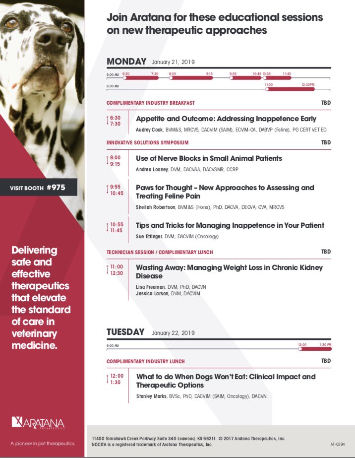 AratanaRx's tweet photo. Calling all technicians! Join us for today’s #vmx2019 lunch session in OCCC N320 A/B to learn about managing weight loss in your CKD patients https://t.co/5S61pBTCEg
