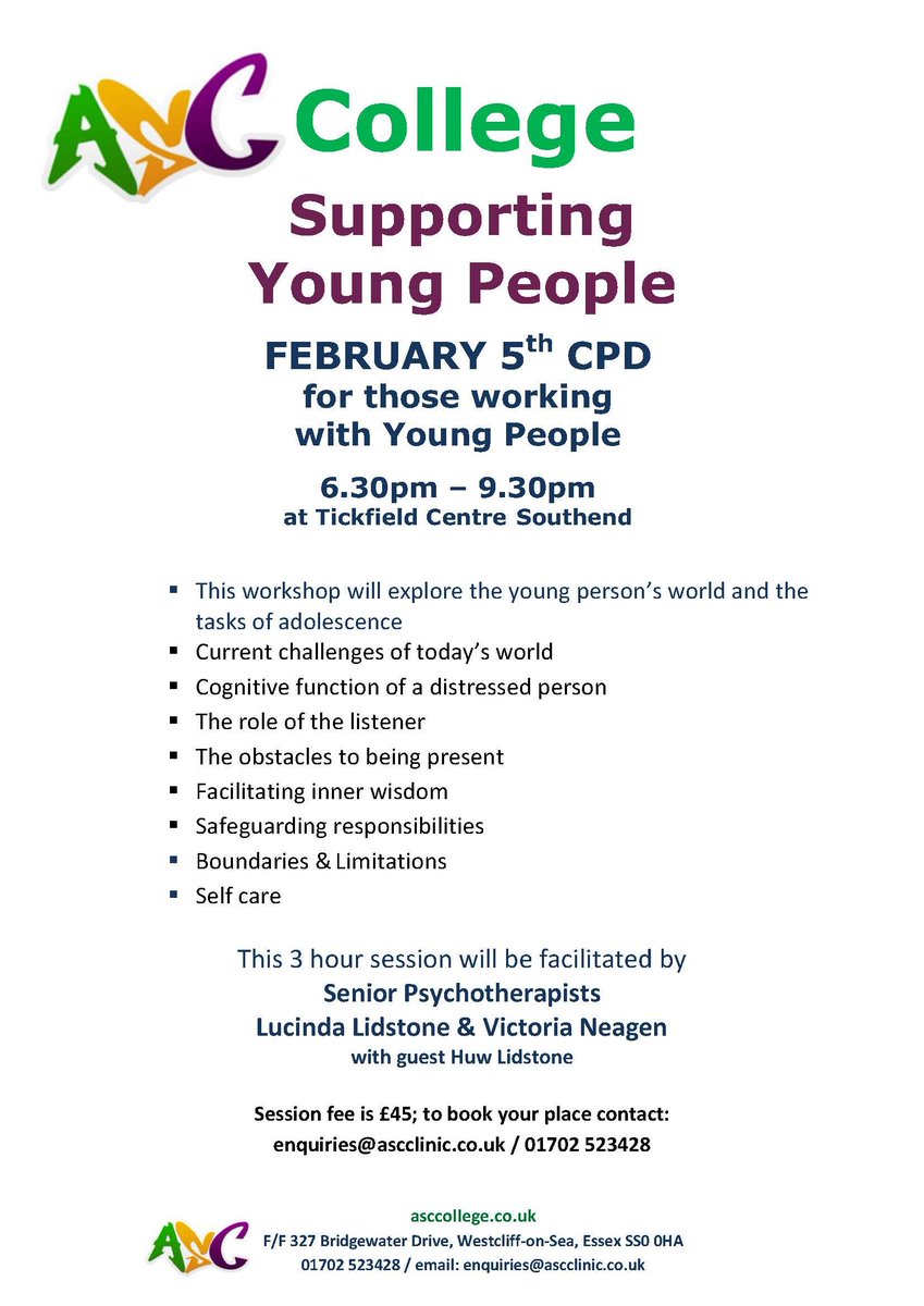 ASC College: Supporting Young People

FEBRUARY 5th CPD for those working with Young People

6.30pm – 9.30pm at Tickfield Centre #Southend 

Click here for more: buff.ly/2zbU5Qf