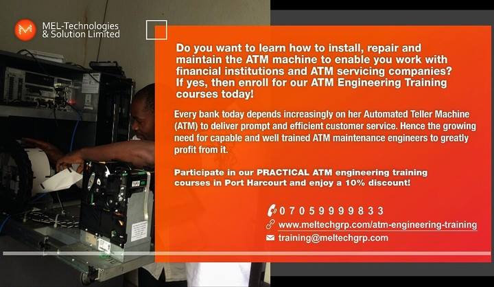 MELTechSolution's tweet image. Be outstanding! Acquire ATM repairs and maintenance skills. Become a banker with a higher preference. Let our experts train you. Contact us today to get started. 
+234(0)7059999833
training@meltechgrp.com
#batchA #ATM #repairs #maintenance  #Training #get_Certified #MELTech