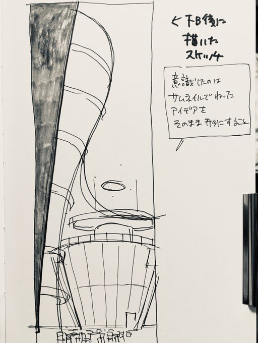 マテジ先生のスケッチは自分がやりたかったことを見事に表していたので、自分でも真似て描いてみたり
この感じでさっきのサイズで描いたらどうなるか試すと、描くのがめちゃくちゃ楽しい!!
一番伝えたいアイデアは大きく描こう!と言われたので、その後ももりもりスケッチ 