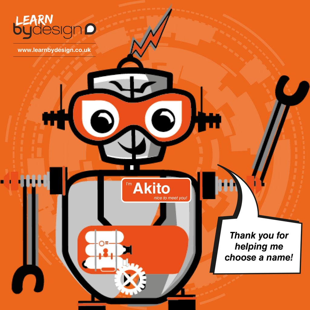 bydesigngroup's tweet photo. Say HELLO to our 🤖 mascot 'AKITO' Now we have a name for our robot, Use #AkitoRobot to share to us when you see our robot friend on our van/ at workshops & events!
Thank you to all our followers & pupils at the schools for voting😁😍#NameourRobot #LearnbyDesign #Branding https://t.co/7aCyJriQyw