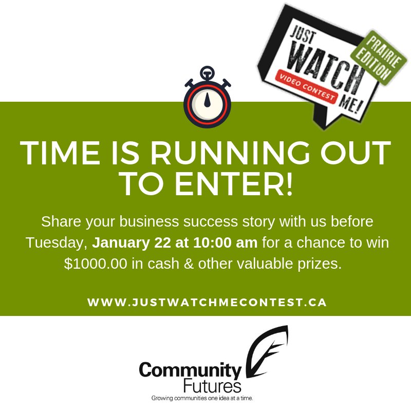 Last call for entries for the @EDPJustWatchMe contest! The contest closes TOMORROW at 10:00 am. Submit your biz success story for the chance to win $1000.00 in cash &amp; other valuable prizes from our sponsors! >>> justwatchmecontest.ca #SmallBusiness #Entrepreneur #Saskatchewan