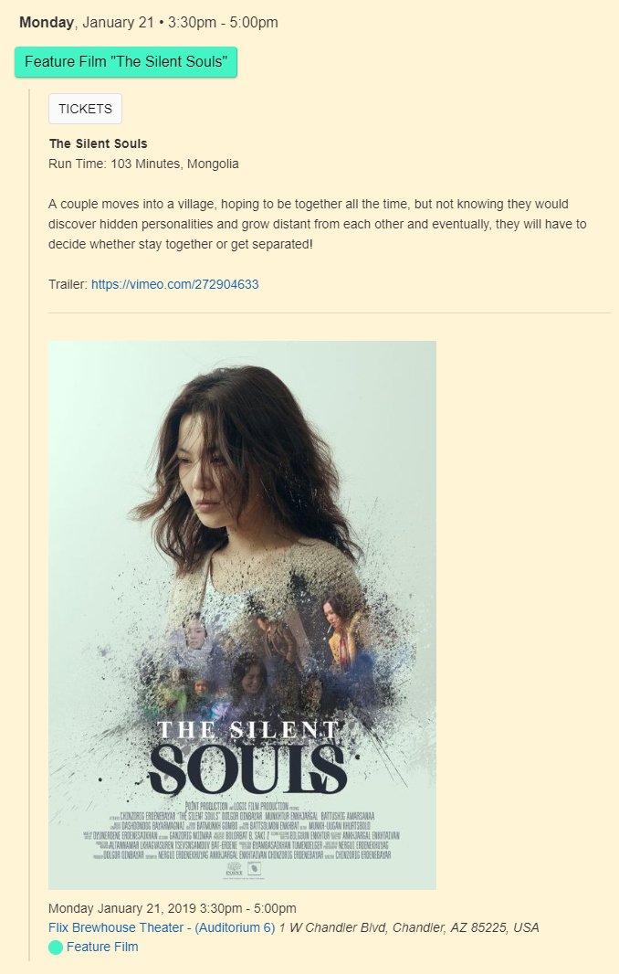 "The Silent Souls" кино маань Arizona мужын цагаар 15:30 буюу Улаанбаатарын цагаар 22-ний өглөөний 5:30 цагт дэлгэцнээ гарах ба өглөөний 10:00 цагт эцсийн шалгаруулалтандаа орох гэж байна... Одоогийн байдлаар TICKET дуусчээ.

sched.co/JhSz