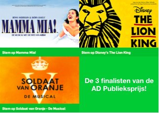Het is bijna zover: woensdag wordt de AD Publieksprijs uitgereikt tijdens het Musical Awards Gala! Welke musical gaat er met de prijs vandoor? Is het <a href="/TheLionKingNL/">The Lion King</a> <a href="/MammaMiaNL/">Mamma Mia! NL</a> of toch <a href="/svodemusical/">Soldaat van Oranje</a>? Breng nu je stem uit via admusicalawards.nl ! #adpublieksprijs #admusicalal