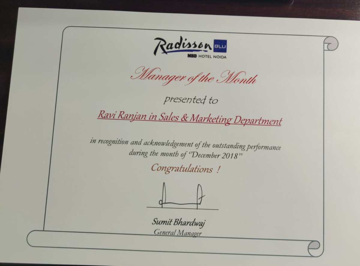 SwachhRavi's tweet photo. Thanks a lot @RadissonBluMBD for giving me opportunity 2 work This appreciation means a lot for me Thanks @sumit20101979
Completion one year with this recognition is like am walking at 🌒
Thanks again to my seniors and well wisher.
#RadissonBluMBDNoida
#Recognation
@RadissonBlu https://t.co/UkVxHkJw5p