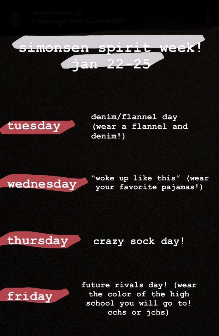 simonsen_stuco's tweet photo. WINTER SPORTS IS ALMOST HERE!!!! So of course, a spirit week is on its way! Deck out this week as we get ready for the dance! https://t.co/W2eCTu1znu