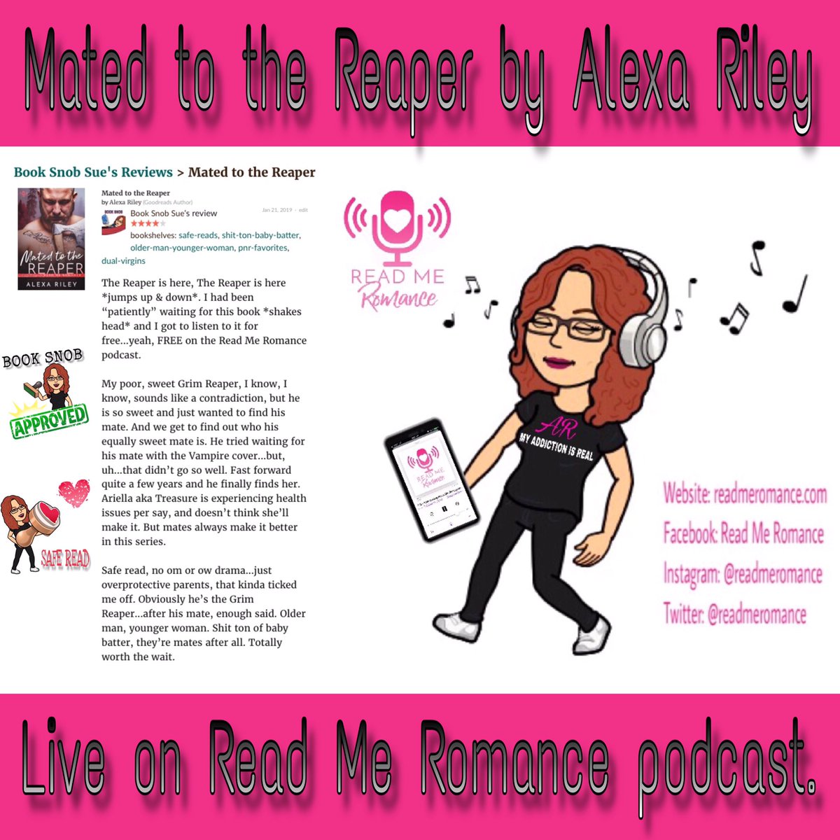 booksnobsue's tweet photo. The Reaper is here, the Reaper is here....
“May I lick you, my treasure?”
#MatedToTheReaper by @_AlexaRiley
#PatientlyWaitingMyAss #SafeListenIShouldSay
@readmeromance podcast → https://t.co/t6ZMNt3k4P
#Review:
https://t.co/uB74CwaqPN
#Goodreads:
https://t.co/nRngQqh8wf https://t.co/NaYtfgQuqk