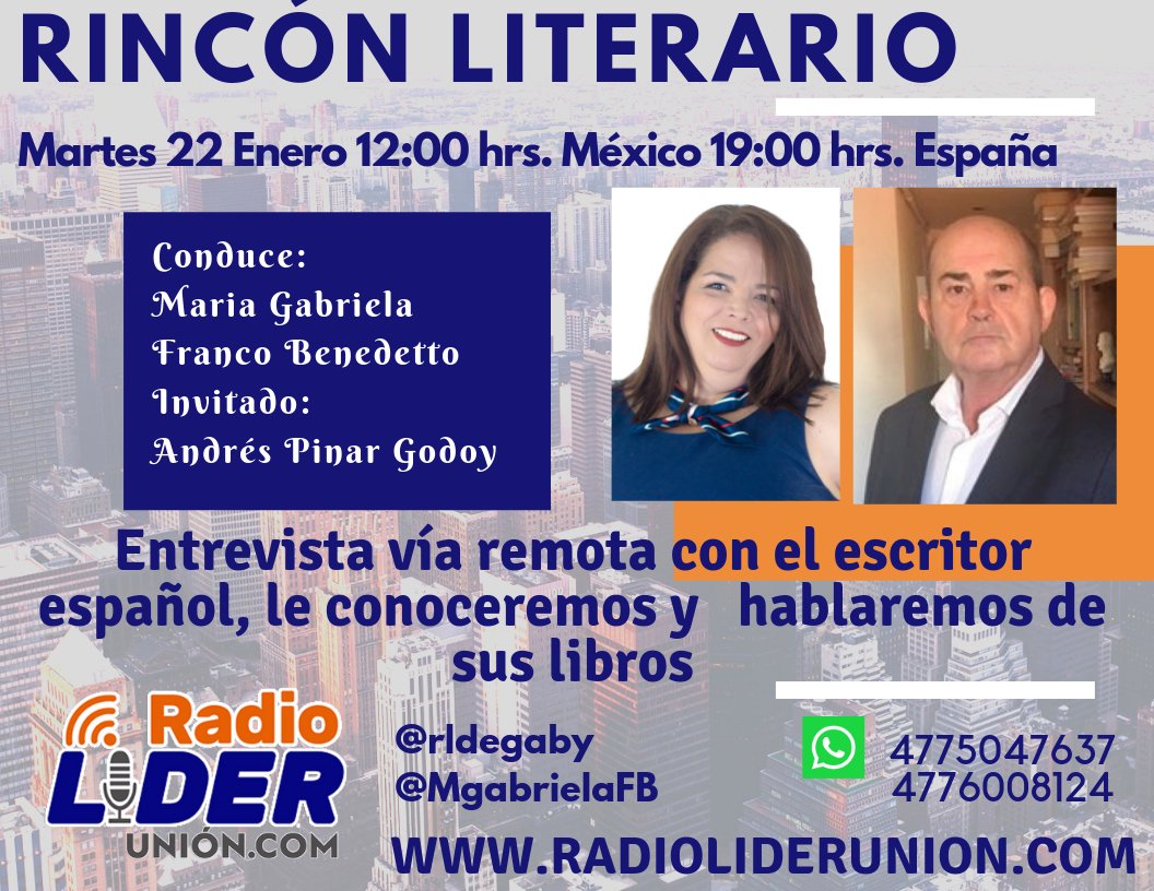 Les invito a escucharnos! con <a href="/apinargodoy/">Andrés Pinar Godoy</a> en el programa @rldegaby por nuestra emisora consentida radioliderunion.com #soylider encantados de conectar vía remota y cruzar fronteras