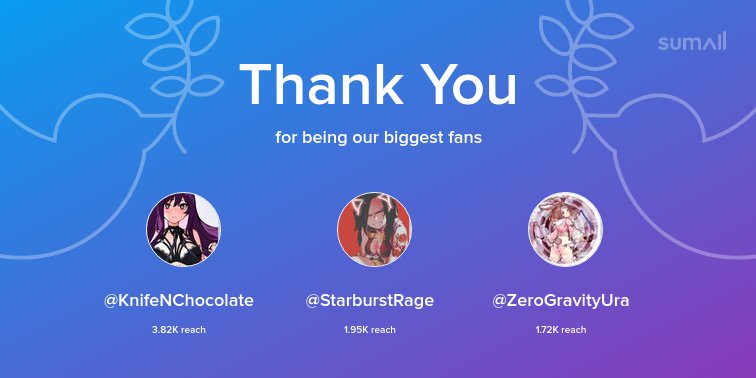 Our biggest fans this week: @KnifeNChocolate, @StarburstRage, @ZeroGravityUra. Thank you! via sumall.com/thankyou?utm_s…