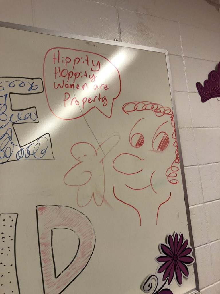 JerynC's tweet image. RT if you think women are NOT property..
the wrestlers destroyed our locker room and wrote this on our board, shattered our lights, left the showers on, and ripped down our decorations 
*see thread for video*