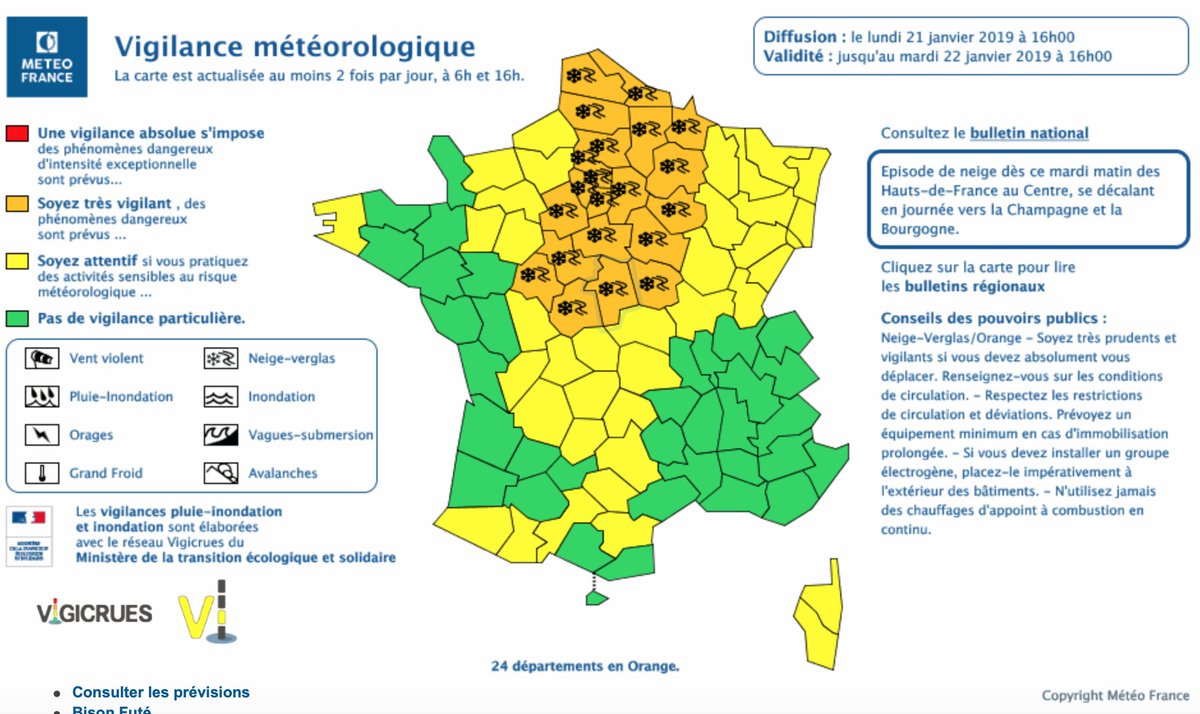 ⚠🌨 24 départements placés en #vigilanceorange #neige #verglas. Le premier épisode neigeux est attendu cette nuit. Anticipez vos déplacements car les conditions de circulation pourront être difficiles par endroits.