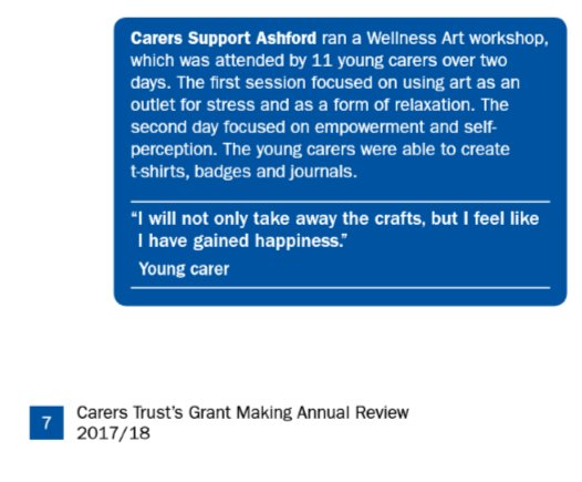 We are delighted to have been featured in the Carers Trust’s Annual Grant Making Review. Grants like these make a real difference to the support we are able to offer, thank you for allowing us to better support carers. Click here to read the full report- carers.org/difference-car…