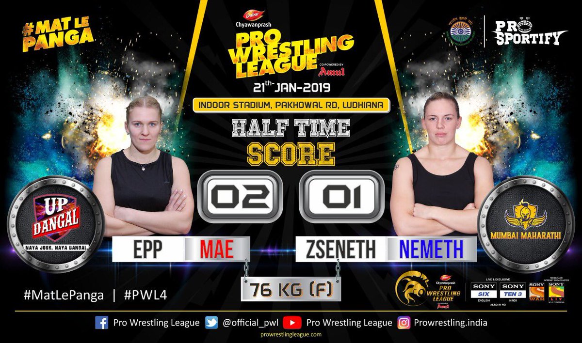 Official_PWL's tweet photo. #PWL4 @updangal vs @MumbaiMaharathi: And in a breathtaking match, @updangal’s #EppMae beats @MumbaiMaharathi’s #ZsenethNemeth 5-3. It was a tough bout where both the wrestlers displayed some fantastic wrestling.  @wrestling @NewsX @Inkhabar #MatLePanga @SPN_Action https://t.co/m4TRlpFsPk