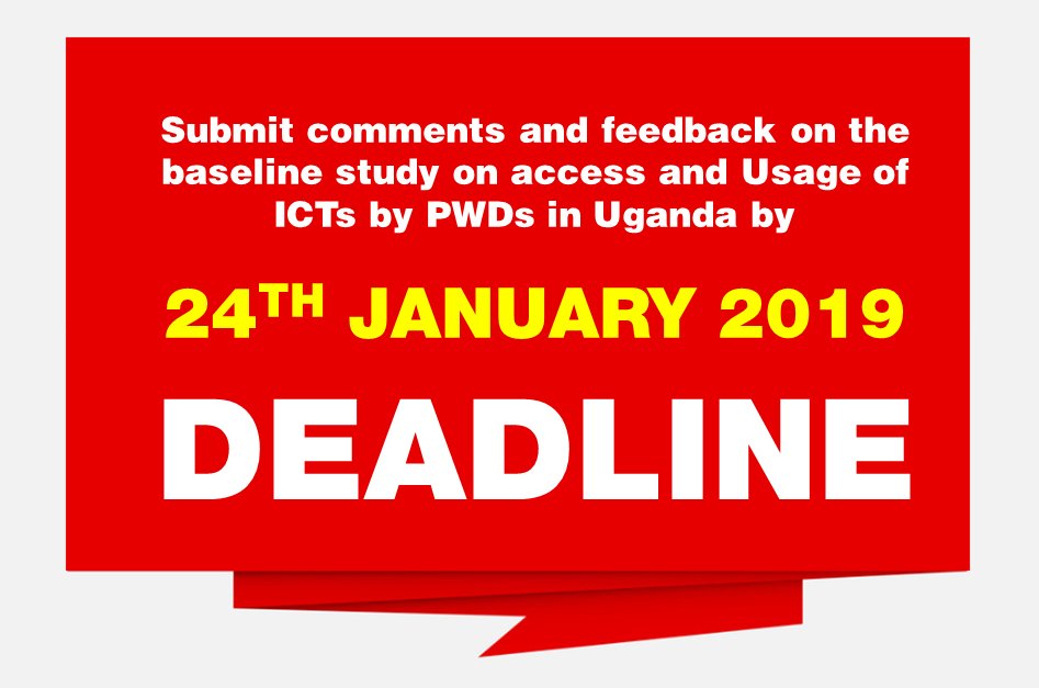 #DEADLINE
Stakeholders are invited to submit comments/feedback on this report bit.ly/2THALmh 
It is a baseline study on access &amp; usage of ICTs by PWDs. 
Submit to research@ucc.co.ug or send a physical copy addressed to the Executive Director - UCC
#UCCStudyonPWDs