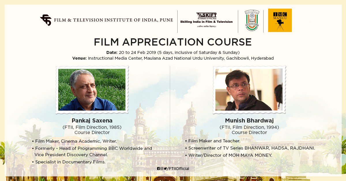 imcmanuu's tweet photo. The beginning of something big and new with @FTIIOfficial.
All the movie making enthusiasts in Hyderabad...this is a BIG opportunity. Come and be a part of it.
@imcmanuu awaits.
@rizwandff @jnafau_hyd
@HydUniv @officialmanuu #film #study #filmlanguage #filming #filmmaking https://t.co/nkpjNsUKBP