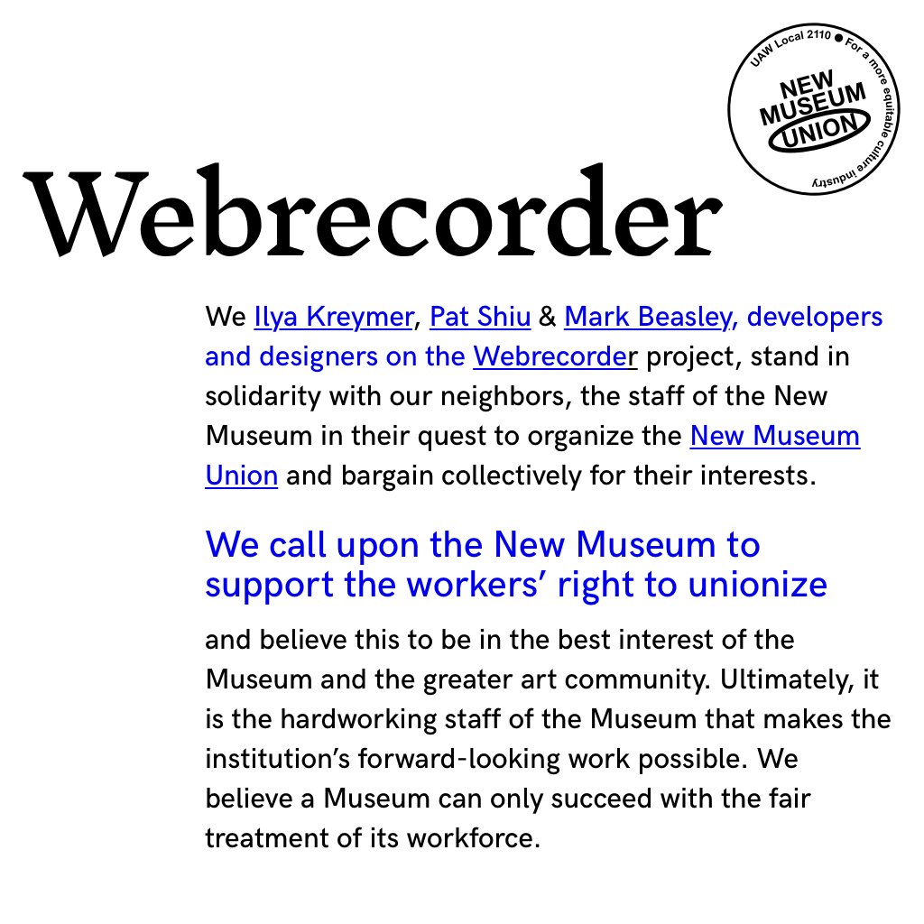 IlyaKreymer's tweet image. A statement from @IlyaKreymer, @patpot, @m4rk3r, developers and designers on the @webrecorder_io project, in support of @newmuseum_union: