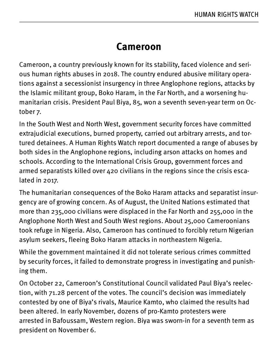 mbeatowe's tweet photo. @hrw has just published its #WorldReport2019.5pages are dedicatd to #Cameroon with: Anglophone Crisis,Violation by Gvnmnt Forces,Abuses by separatists,Refugee Rights,Sexual Orientation, Gender Identity, Justice &amp; Accountability &amp; Key International actors: https://t.co/XNlORT1mJP https://t.co/HOhycLOjYv