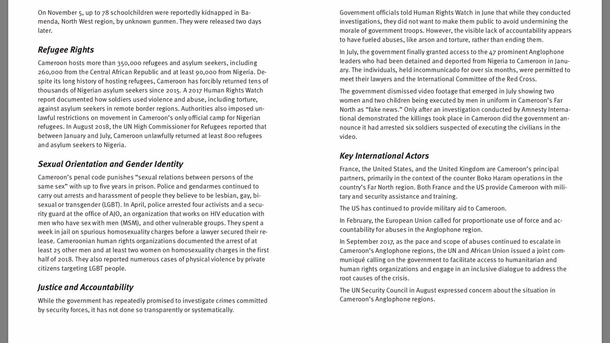 mbeatowe's tweet photo. @hrw has just published its #WorldReport2019.5pages are dedicatd to #Cameroon with: Anglophone Crisis,Violation by Gvnmnt Forces,Abuses by separatists,Refugee Rights,Sexual Orientation, Gender Identity, Justice &amp; Accountability &amp; Key International actors: https://t.co/XNlORT1mJP https://t.co/HOhycLOjYv