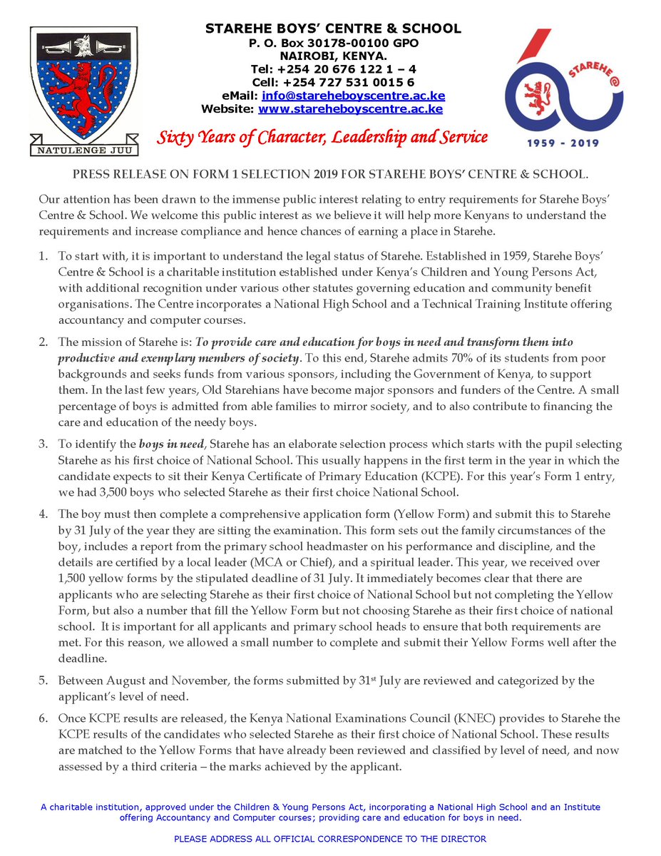 Starehe_Boys's tweet photo. PRESS RELEASE ON FORM 1 SELECTION 2019 FOR STAREHE BOYS’ CENTRE &amp; SCHOOL. https://t.co/Xbcgge6u1s