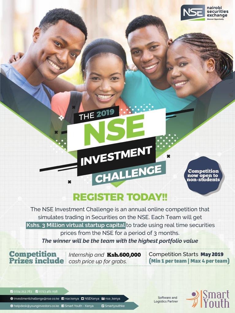 kutsuruken's tweet photo. NSE Investment Challenge 2019 is here, an opportunity to learn how to profitably trade financial instruments worth 3 million virtual money, you stand a chance to win cash prizes and internship, you get a certificate of participation.  Discover Opportunity. @SmartYouthKE @NSE_PLC https://t.co/b11pcEemse