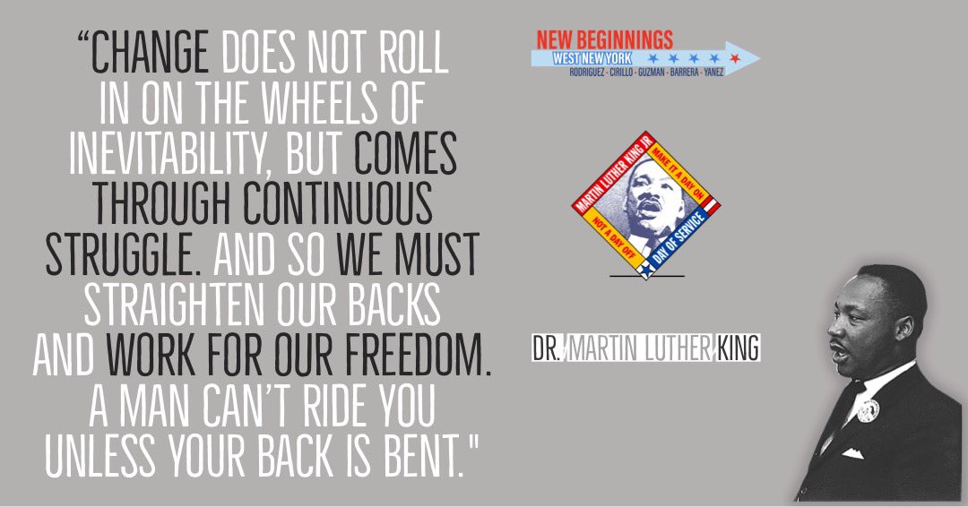NewBeginningWNY's tweet photo. Remember what today is all about - Remembering. Service. Rights. Equality. Justice. Freedom. Youth. Struggle. Community. Progress. Conscience. 

#NewBeginningsWNY #WestNewYork
#ItsTimeforNewBeginningsWNY #WNYNJ
#WeDeserveBetter #WestNewYorkNJ #MLK https://t.co/SZfULVh2eI