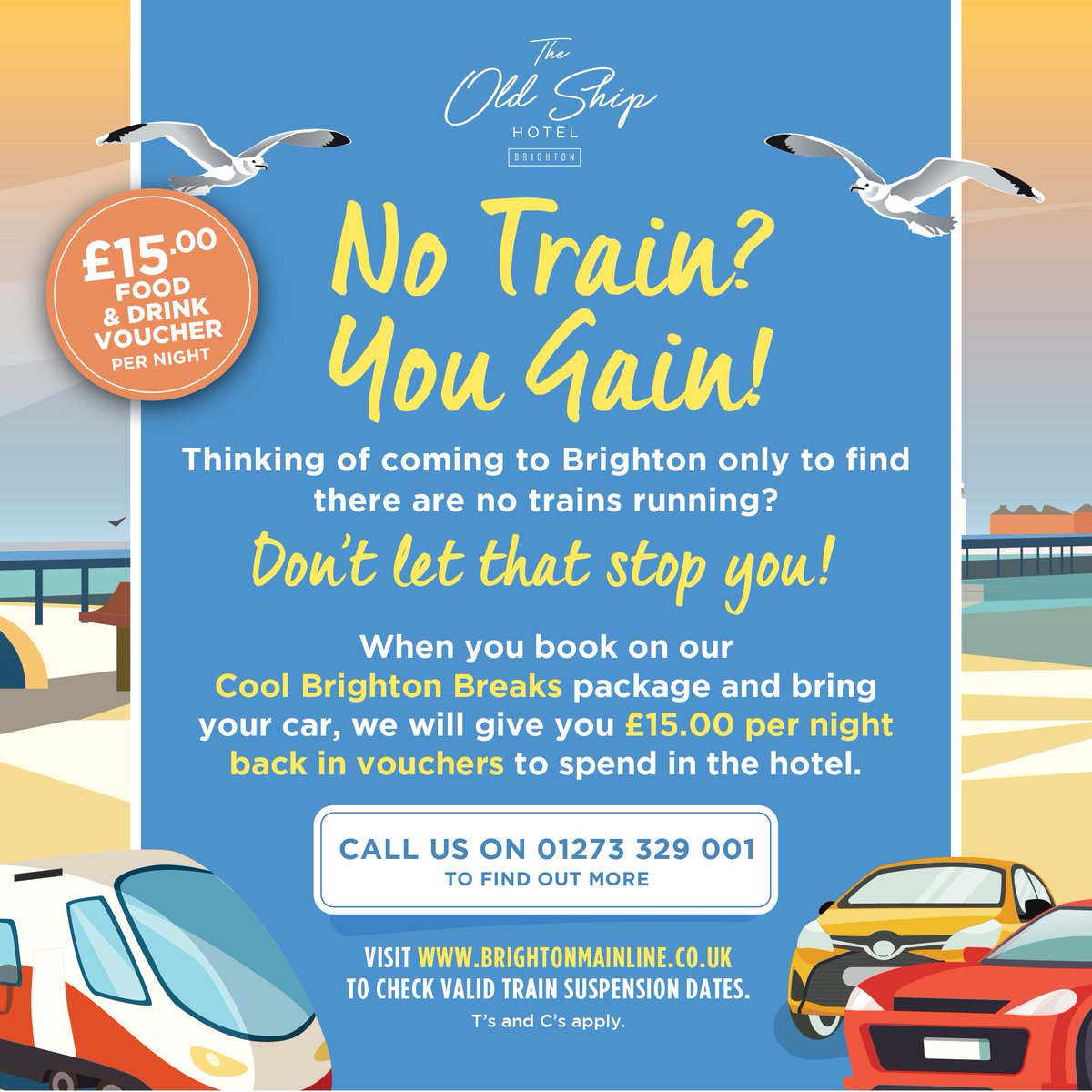 Up until May some London to Brighton trains will have replacement buses from Three Bridges. Don't despair! #brightonisopen Why not take advantage of our #notrainyougain offer and enjoy yourself just as you planned! Call 01273 329001 for details @cairngroup @Love_Brighton