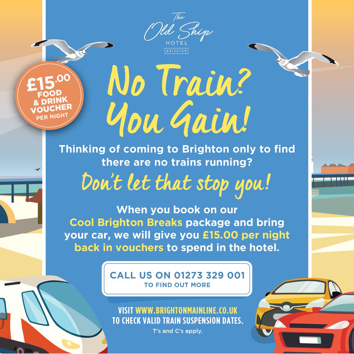 Up until May some London to Brighton trains will have replacement buses from Three Bridges. Don't despair! #brightonisopen Why not take advantage of our #notrainyougain offer and enjoy yourself just as you planned! Call 01273 329001 for details <a href="/cairngroup/">Cairn Group</a> <a href="/Love_Brighton/">VisitBrighton</a>