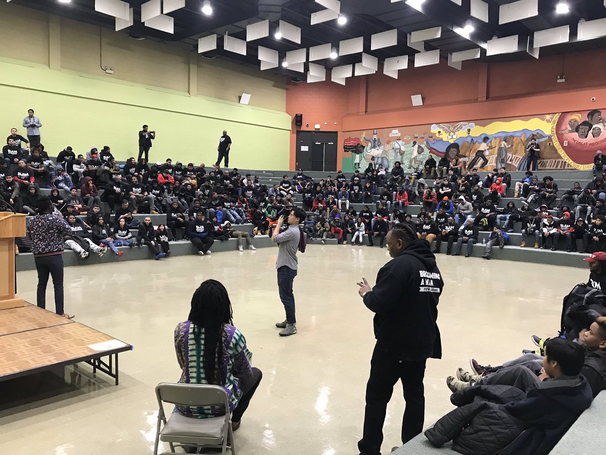 RobHartWBBM's tweet photo. At Frederick Douglass high school on the west side where BAM - Becoming a Man youth counselors are holding their MLK unity day. The main event is a talk from Chicago’s very own Chance the Rapper. https://t.co/VjsL9WpUq0
