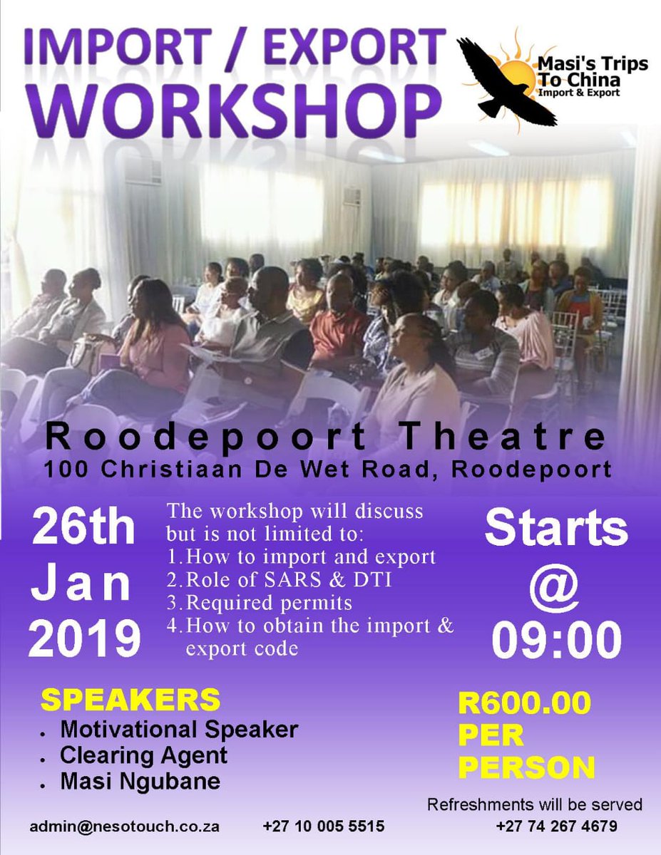 ChinaMasi's tweet image. The count down has officially begun! Register now before the 26 January 2019 and be part of the movement #Imports #Exports #BeYourOwnSuccess @Seda_dsbd