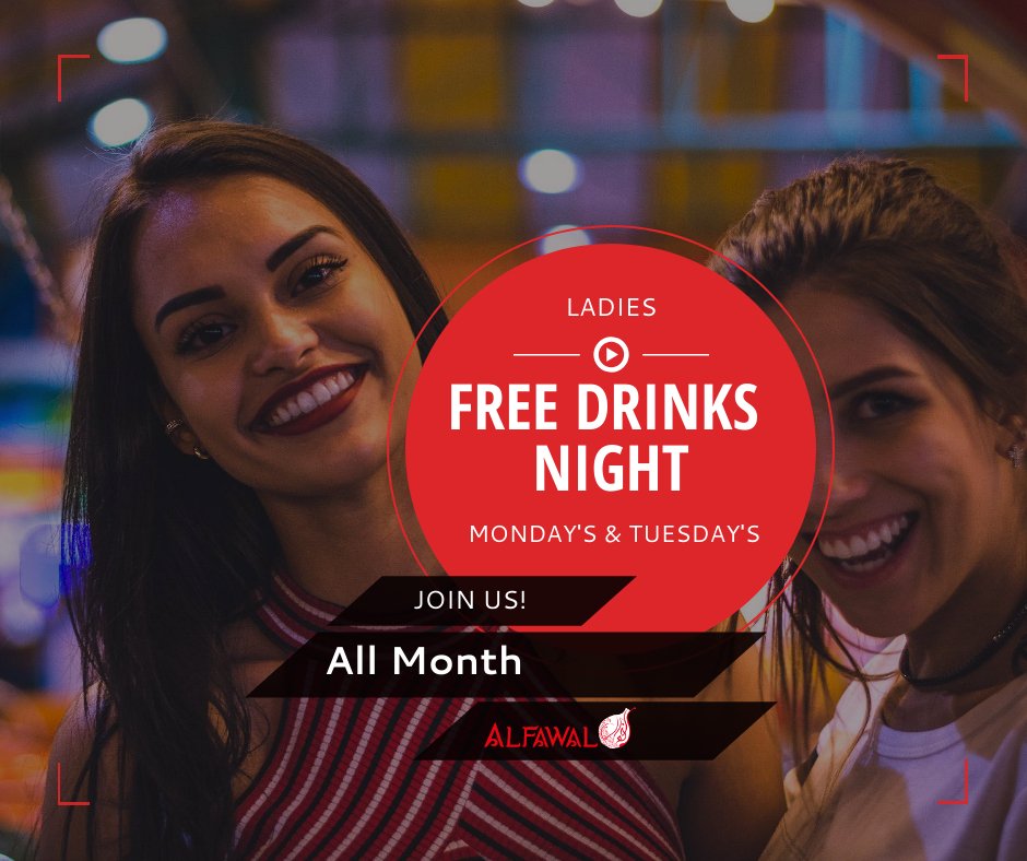 Every Monday & Tuesday - Ladies Get Free Drinks!
Reserve Online!
https://www.alfawal.ca/table-reservation …
*some restrictions may apply*
#alfawal #restaurant #food #Mediterraneanrestarurant #mississauga #arabicfood #shawarma #deal #Drinks #tueday #tea #coffee #nightout #FREEDRINKS #monday
