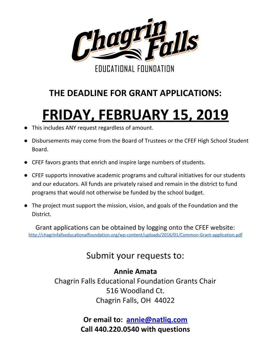 #CFEVS staff...Reminder that grant requests for Ed Foundation are due 2/15. Apply at chagrinfallseducationalfoundation.org/wp-content/upl…