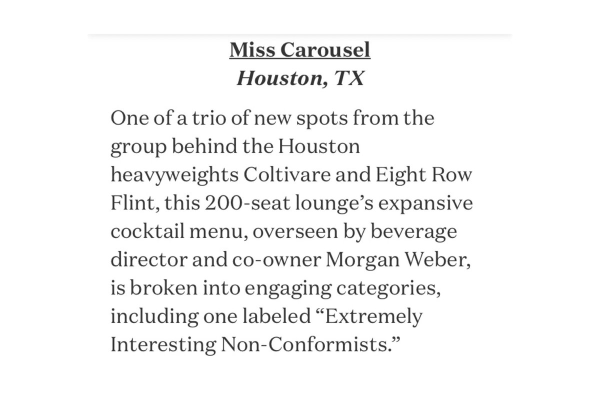 Big thanks to our friends at <a href="/gardenandgun/">Garden & Gun</a> for the introduction! We’re honored to be called a “must-visit” spot 🥂 

#MissCarouselHTX #HoustonBar