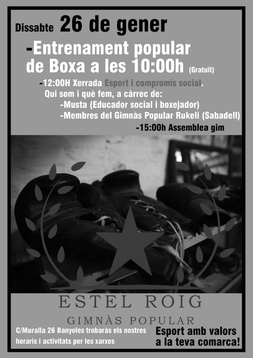 📆Dissabte 26, interessant jornada al Gimnàs Popular Estel Roig per practicar boxa i conèixer la proposta de l'esport popular! 🙌🏿