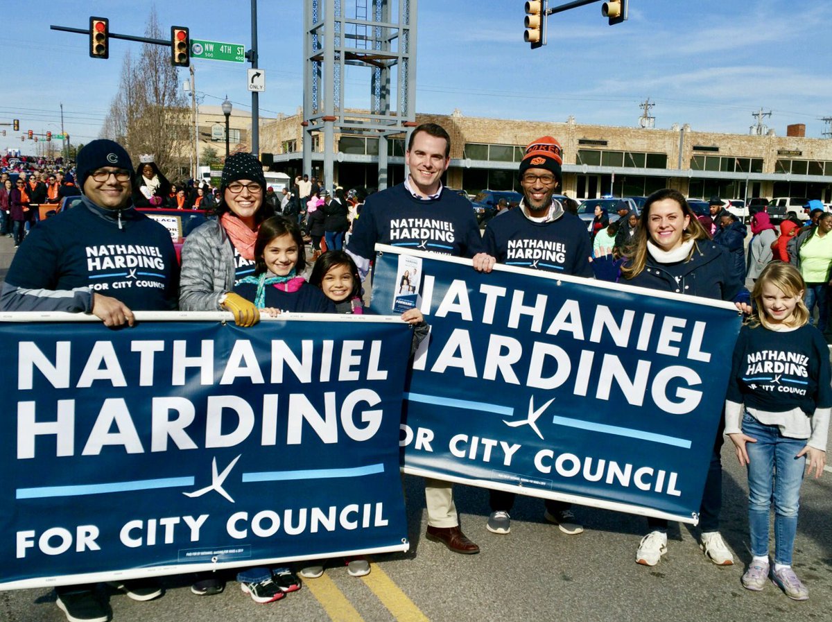 nat_harding's tweet photo. The theme for the #mlkokc parade — “We Are CommUNITY” — reminds us we’re stronger as a community united for each other. Thanks volunteers for joining us, incl @FPLJr722 & his chant: “2, 4, 6, 8; get on down and vote for Nate!” 😂 https://t.co/MeIDAWi5Lk