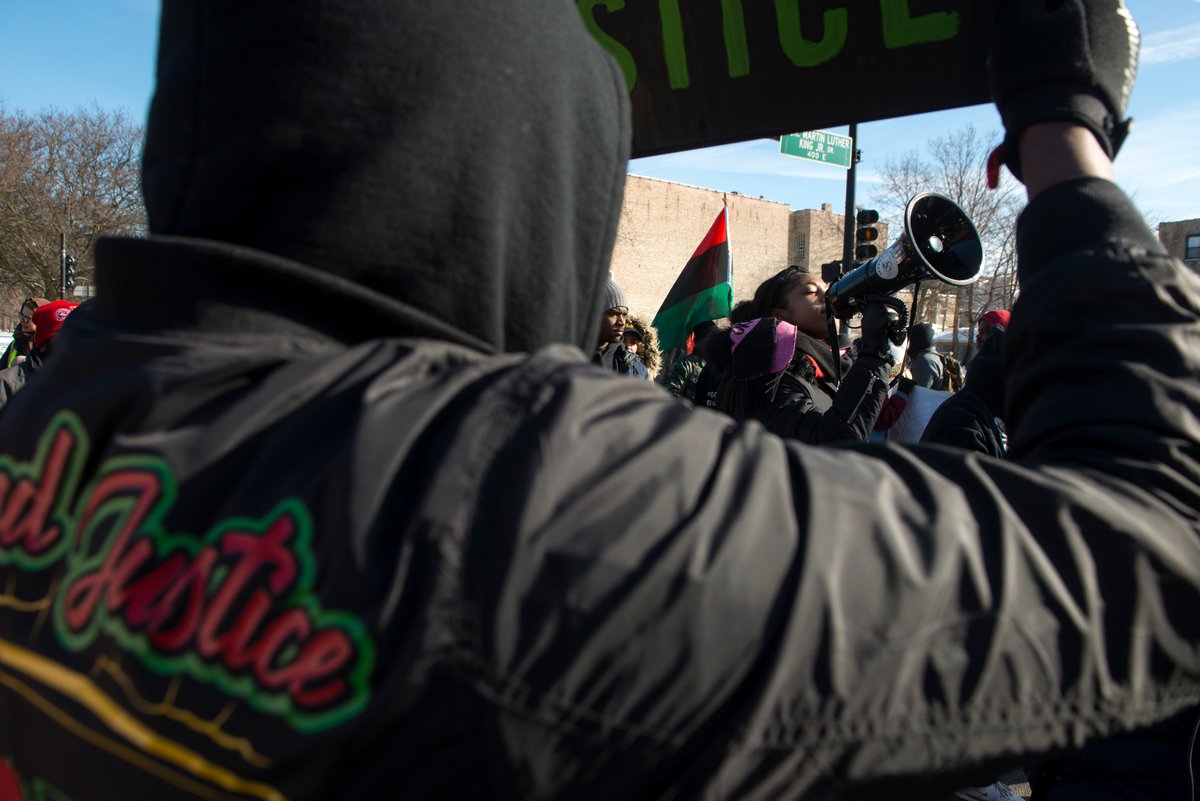 AGouletas's tweet photo. 01.21.2019 
In the wake of what some have called "A travesty of justice," Activist and community leaders march down King Drive in freezing temperatures in response to Jason Van Dyke sentencing, and the CPD conspiracy acquittal.
#Justice4Laquan #MLKDay #MLK2019 #16shotsandacoverup https://t.co/c16OIi7YUN