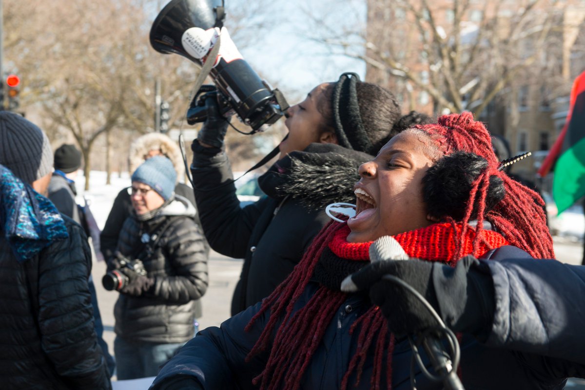 AGouletas's tweet photo. 01.21.2019 
In the wake of what some have called "A travesty of justice," Activist and community leaders march down King Drive in freezing temperatures in response to Jason Van Dyke sentencing, and the CPD conspiracy acquittal.
#Justice4Laquan #MLKDay #MLK2019 #16shotsandacoverup https://t.co/c16OIi7YUN
